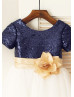 Short Sleeves Navy Blue Sequin Ivory Tulle Knee Length Flower Girl Dress 